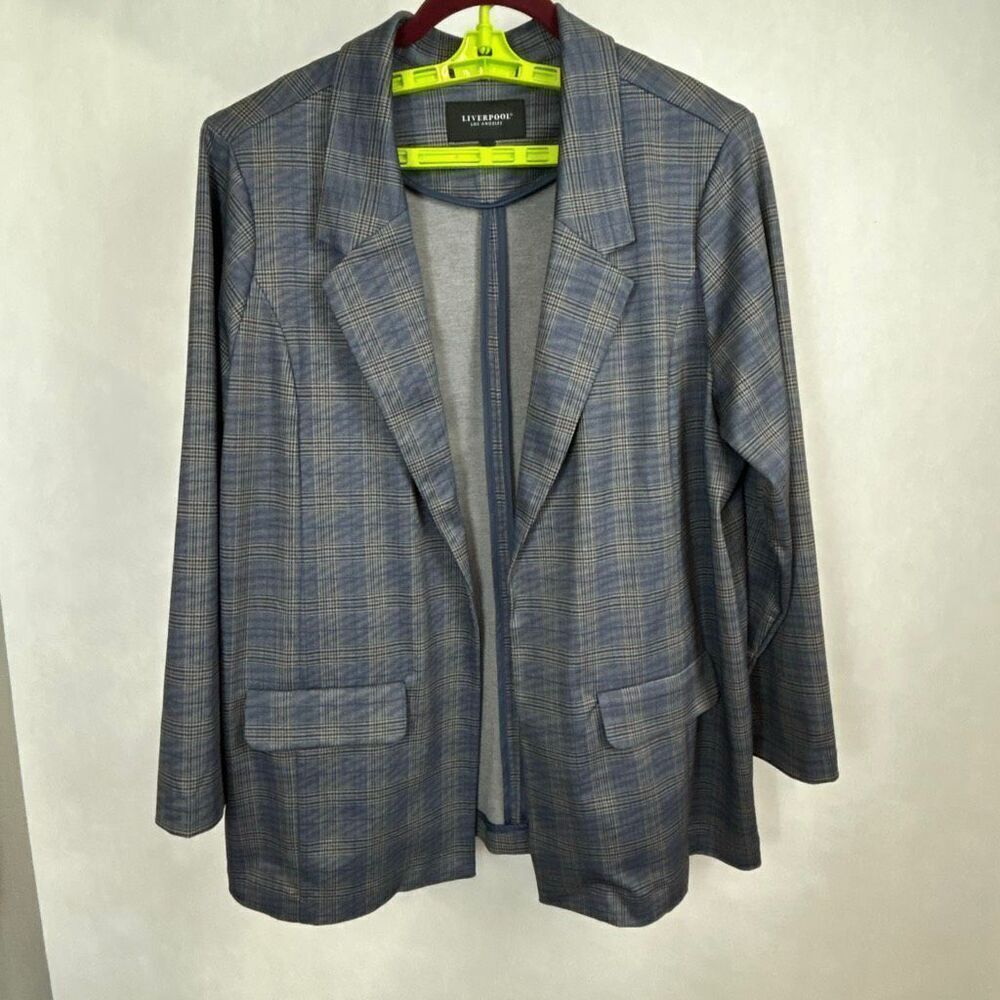 Liverpool Los Angeles Plaid Boyfriend Blazer Navy Blue Khaki Womens Sz 2X Jacket
